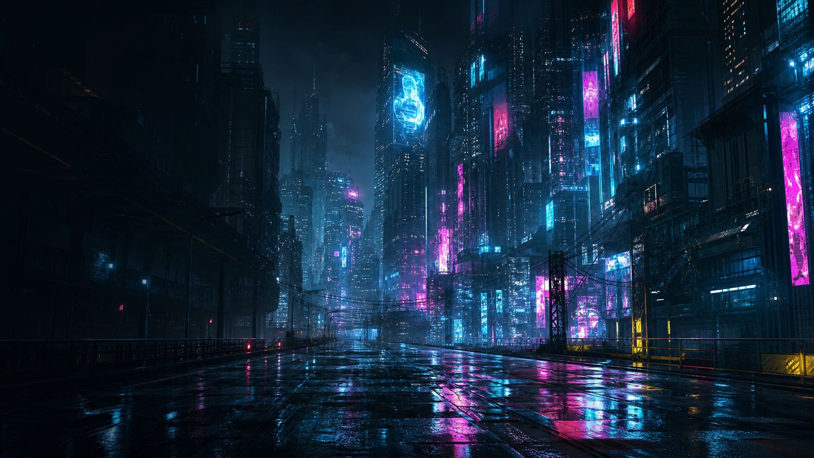A rain-soaked neon megacity