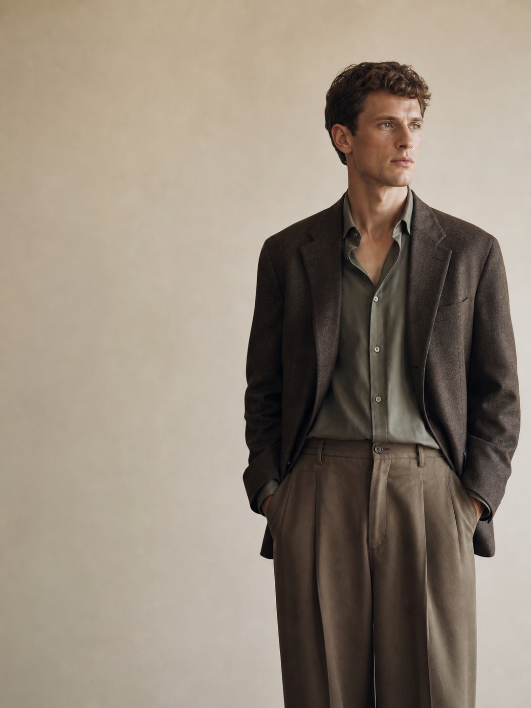 Cover portrait: muted earth-tone tailoring in window light