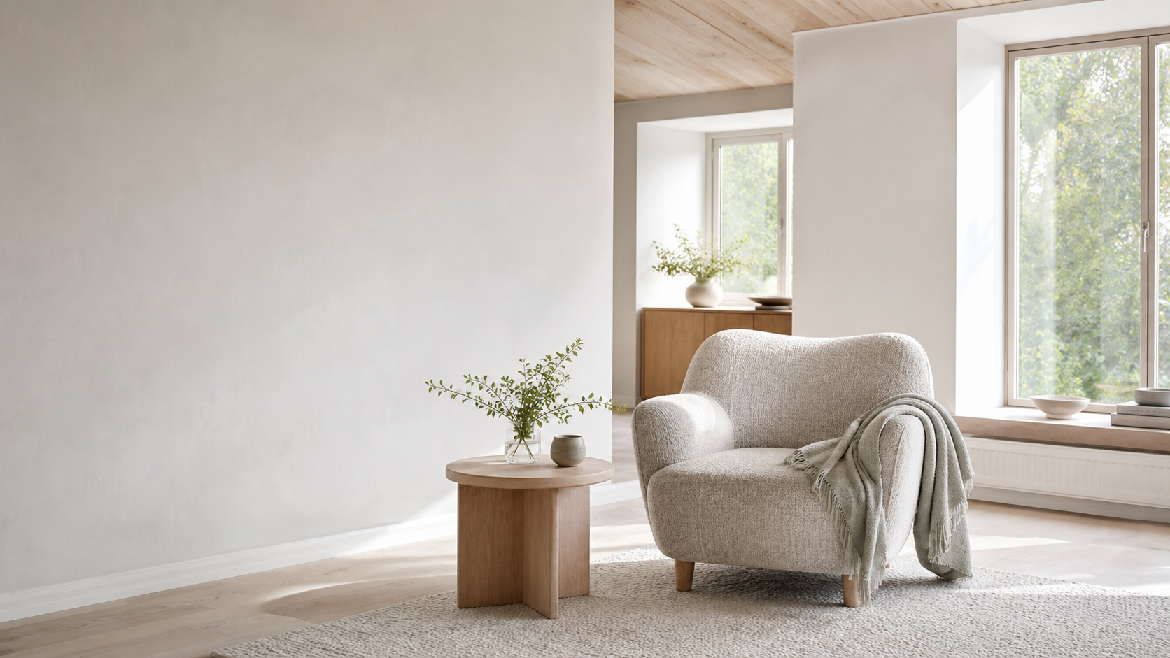 A light-filled Scandinavian room in oak, linen and wool